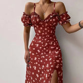 Women Elegant Off Shoulder V Neck Long Dress Sling Ruffle Strapless Slit Party Dress